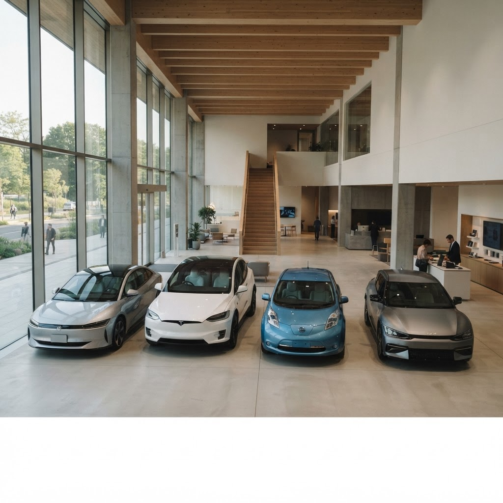 Showroom de concessionária com veículos elétricos em exposição